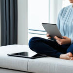 A diverse person, fully clothed in professional yet comfortable attire, sits serenely on a modern sofa in a well-lit, minimalist living room. They are gently holding a tablet, displaying a calming, abstract interface, possibly a meditation or mindfulness app. The atmosphere is peaceful and inviting, emphasizing mental well-being and accessible self-care through technology. The image should convey a sense of calm and focus, with natural light filtering in. perfect anatomy, correct proportions, natural pose, well-formed hands, proper finger count, natural body proportions, professional photography, high quality, safe for work, appropriate content, fully clothed, modest clothing, family-friendly.