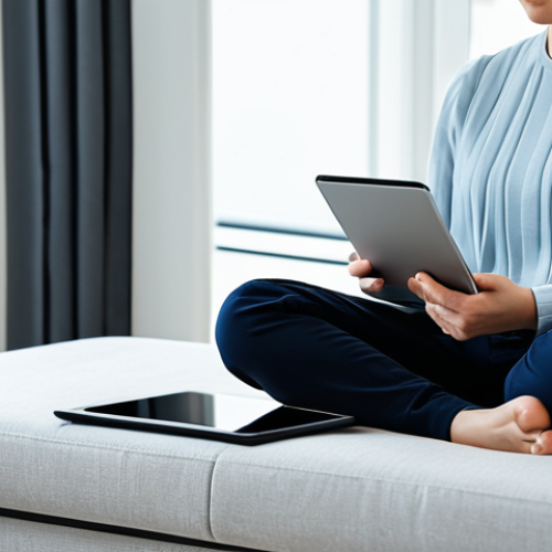 Home 21 A diverse person, fully clothed in professional yet comfortable attire, sits serenely on a modern sofa in a well-lit, minimalist living room. They are gently holding a tablet, displaying a calming, abstract interface, possibly a meditation or mindfulness app. The atmosphere is peaceful and inviting, emphasizing mental well-being and accessible self-care through technology. The image should convey a sense of calm and focus, with natural light filtering in. perfect anatomy, correct proportions, natural pose, well-formed hands, proper finger count, natural body proportions, professional photography, high quality, safe for work, appropriate content, fully clothed, modest clothing, family-friendly.