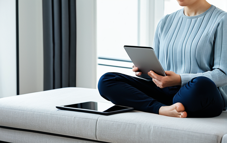 A diverse person, fully clothed in professional yet comfortable attire, sits serenely on a modern sofa in a well-lit, minimalist living room. They are gently holding a tablet, displaying a calming, abstract interface, possibly a meditation or mindfulness app. The atmosphere is peaceful and inviting, emphasizing mental well-being and accessible self-care through technology. The image should convey a sense of calm and focus, with natural light filtering in. perfect anatomy, correct proportions, natural pose, well-formed hands, proper finger count, natural body proportions, professional photography, high quality, safe for work, appropriate content, fully clothed, modest clothing, family-friendly.