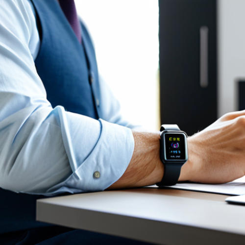 Home 20 A professional, calm individual in a modest business casual outfit, fully clothed, sitting at a modern desk in a well-lit home office, looking thoughtfully at a sleek smartwatch on their wrist. The smartwatch screen subtly displays mental well-being insights, symbolizing data monitoring for stress and sleep patterns. The background is blurred, featuring subtle elements of a comfortable, organized workspace. Natural pose, perfect anatomy, correct proportions, well-formed hands, proper finger count, natural body proportions, professional photography, high quality, appropriate attire, safe for work, appropriate content, family-friendly.