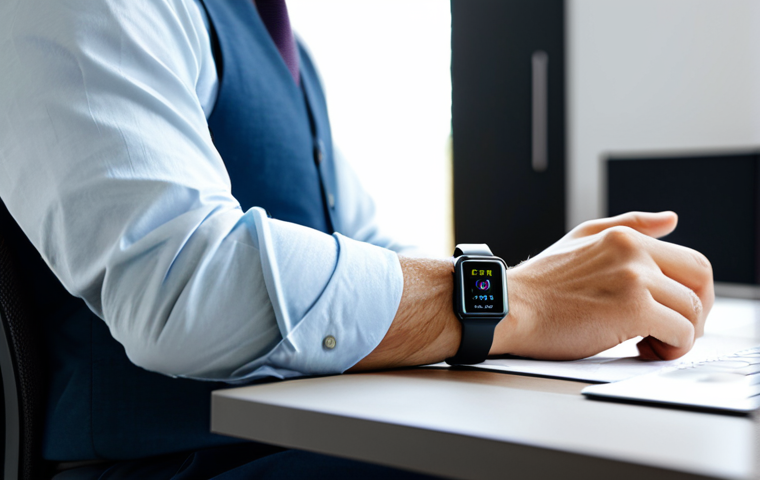 A professional, calm individual in a modest business casual outfit, fully clothed, sitting at a modern desk in a well-lit home office, looking thoughtfully at a sleek smartwatch on their wrist. The smartwatch screen subtly displays mental well-being insights, symbolizing data monitoring for stress and sleep patterns. The background is blurred, featuring subtle elements of a comfortable, organized workspace. Natural pose, perfect anatomy, correct proportions, well-formed hands, proper finger count, natural body proportions, professional photography, high quality, appropriate attire, safe for work, appropriate content, family-friendly.