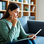 A calm adult individual, fully clothed in comfortable, modest attire. They are comfortably seated on a modern sofa, engaged in a virtual teletherapy session on a tablet. Their expression is thoughtful and serene, conveying a sense of privacy and ease. The background is a contemporary living room with soft, natural lighting, a blurred bookshelf, and a potted plant, suggesting a peaceful home environment. Professional photography, high resolution, realistic, perfect anatomy, correct proportions, natural pose, well-formed hands, proper finger count, natural body proportions, safe for work, appropriate content, fully clothed, professional, family-friendly.