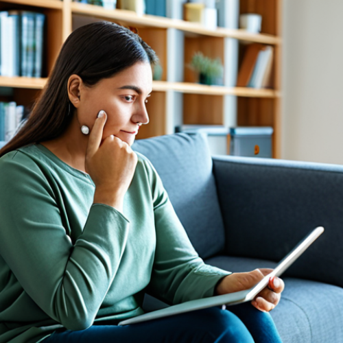 Home 9 A calm adult individual, fully clothed in comfortable, modest attire. They are comfortably seated on a modern sofa, engaged in a virtual teletherapy session on a tablet. Their expression is thoughtful and serene, conveying a sense of privacy and ease. The background is a contemporary living room with soft, natural lighting, a blurred bookshelf, and a potted plant, suggesting a peaceful home environment. Professional photography, high resolution, realistic, perfect anatomy, correct proportions, natural pose, well-formed hands, proper finger count, natural body proportions, safe for work, appropriate content, fully clothed, professional, family-friendly.