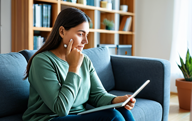 A calm adult individual, fully clothed in comfortable, modest attire. They are comfortably seated on a modern sofa, engaged in a virtual teletherapy session on a tablet. Their expression is thoughtful and serene, conveying a sense of privacy and ease. The background is a contemporary living room with soft, natural lighting, a blurred bookshelf, and a potted plant, suggesting a peaceful home environment. Professional photography, high resolution, realistic, perfect anatomy, correct proportions, natural pose, well-formed hands, proper finger count, natural body proportions, safe for work, appropriate content, fully clothed, professional, family-friendly.
