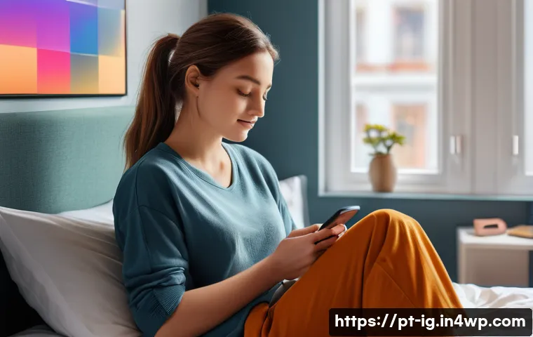 정신건강 테크 사용자의 경험 공유 - A cozy modern bedroom scene featuring a young adult woman using a mental health app on her smartphon...