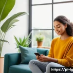 Home 14 정신건강 관리의 디지털 접근 방식의 발전 - A modern digital wellness scene showing a young Brazilian woman sitting comfortably at home using a ...