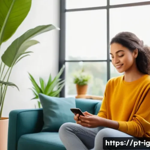 Home 26 정신건강 관리의 디지털 접근 방식의 발전 - A modern digital wellness scene showing a young Brazilian woman sitting comfortably at home using a ...
