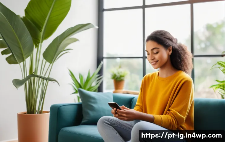 정신건강 관리의 디지털 접근 방식의 발전 - A modern digital wellness scene showing a young Brazilian woman sitting comfortably at home using a ...