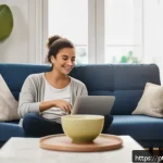 Home 19 정신건강 관리의 혁신적 접근 사례 연구 - A serene digital therapy session scene featuring a young Brazilian adult woman sitting comfortably i...